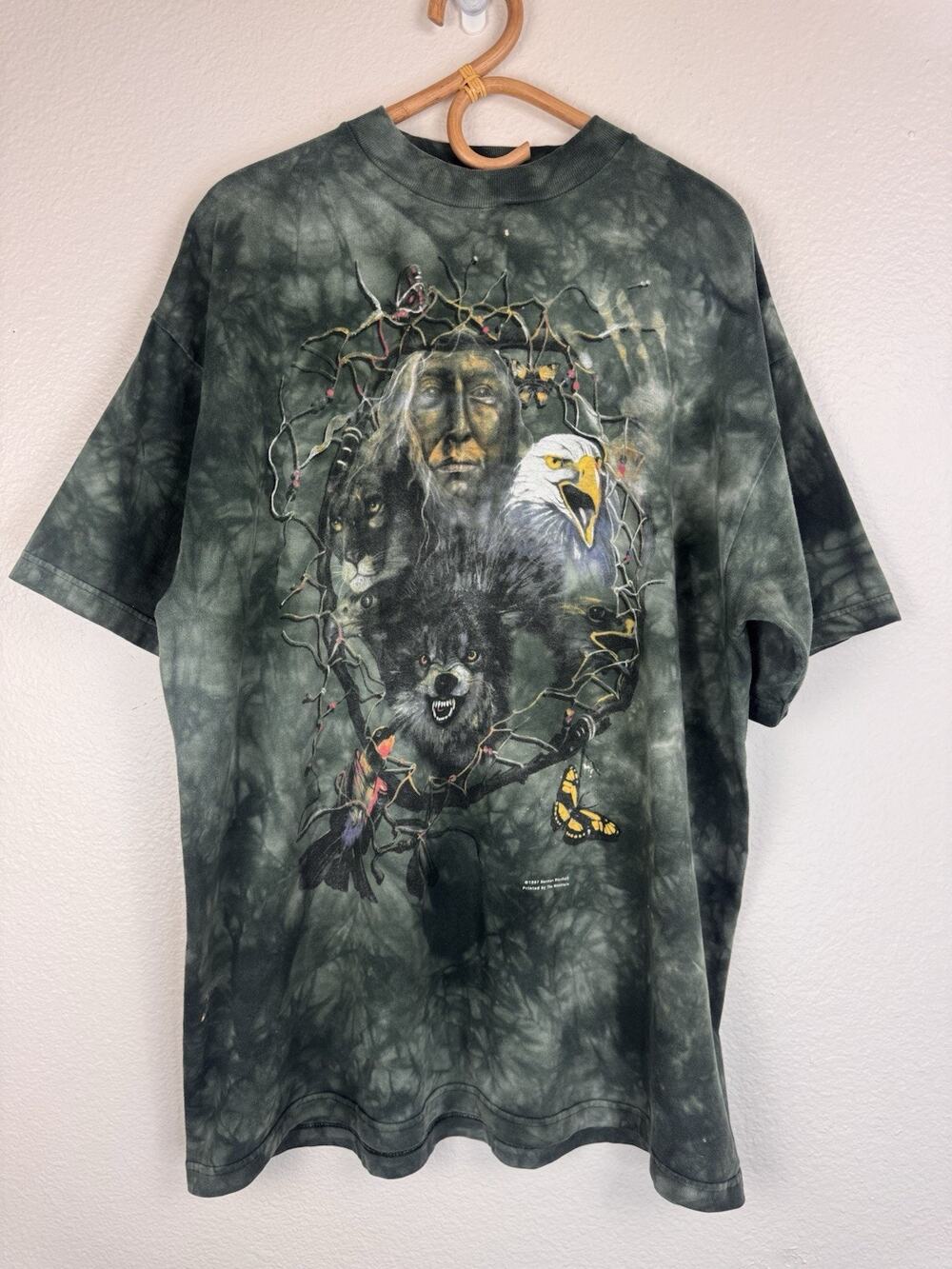 Vintage 1997 The Mountain Spirit Animals T-Shirt Norman Marshall Indian Green XL